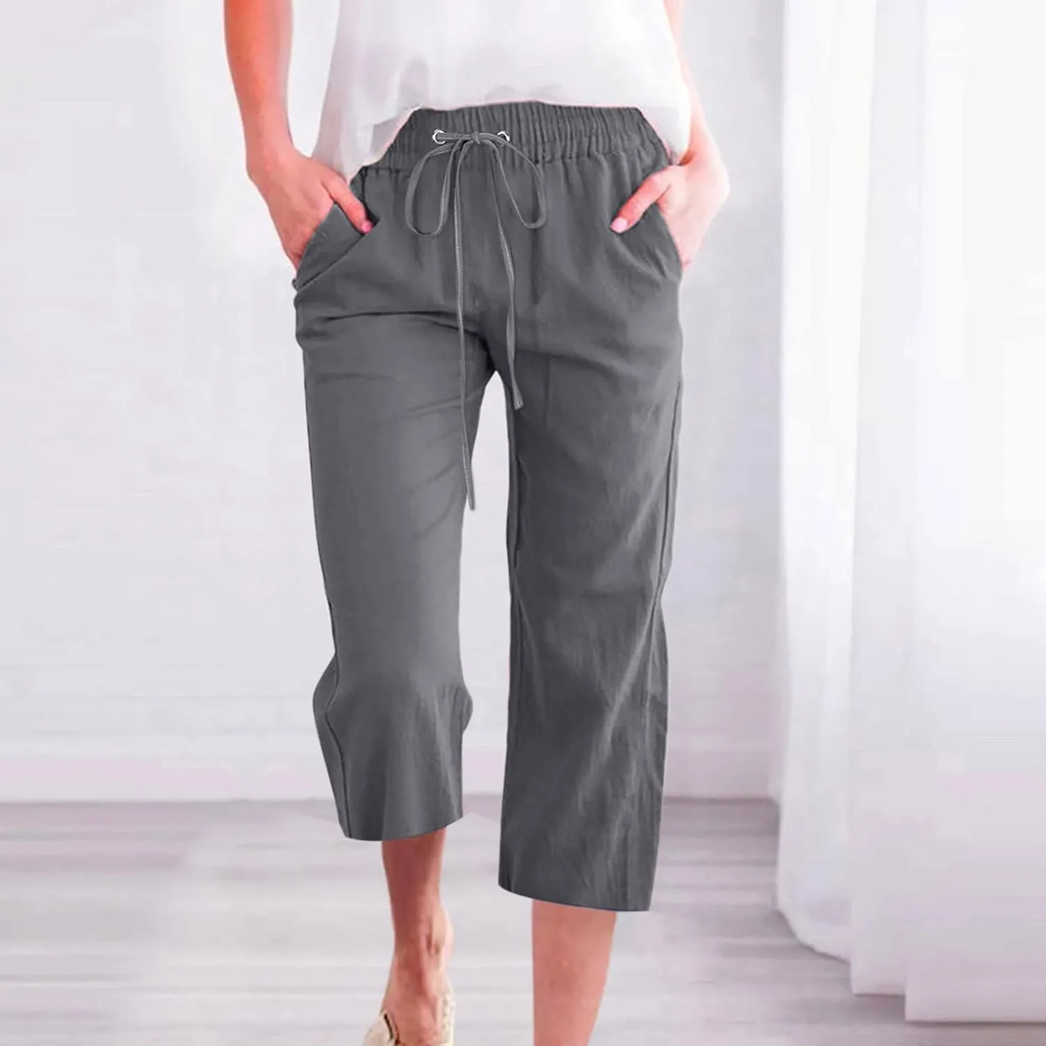 yardsong Linen Capris for Women Summer Casual Loose Fit Cropped Pants Drawstring Elastic Waist Lounge Pant with Pockets