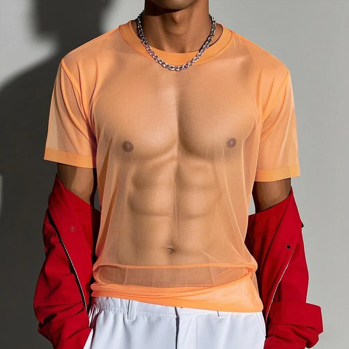 YINYOUYU Mens Mesh Shirt See Through Top Sexy Muscle Tee Lounge Short Sleeves Sheer Breathable T-Shirt Clubwear
