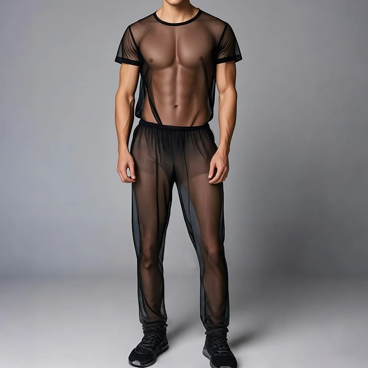 YINYOUYU Mens Mesh Shirt See Through Top Sexy Muscle Tee Lounge Short Sleeves Sheer Breathable T-Shirt Clubwear