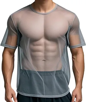 YINYOUYU Mens Mesh Shirt See Through Top Sexy Muscle Tee Lounge Short Sleeves Sheer Breathable T-Shirt Clubwear