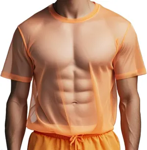 YINYOUYU Mens Mesh Shirt See Through Top Sexy Muscle Tee Lounge Short Sleeves Sheer Breathable T-Shirt Clubwear