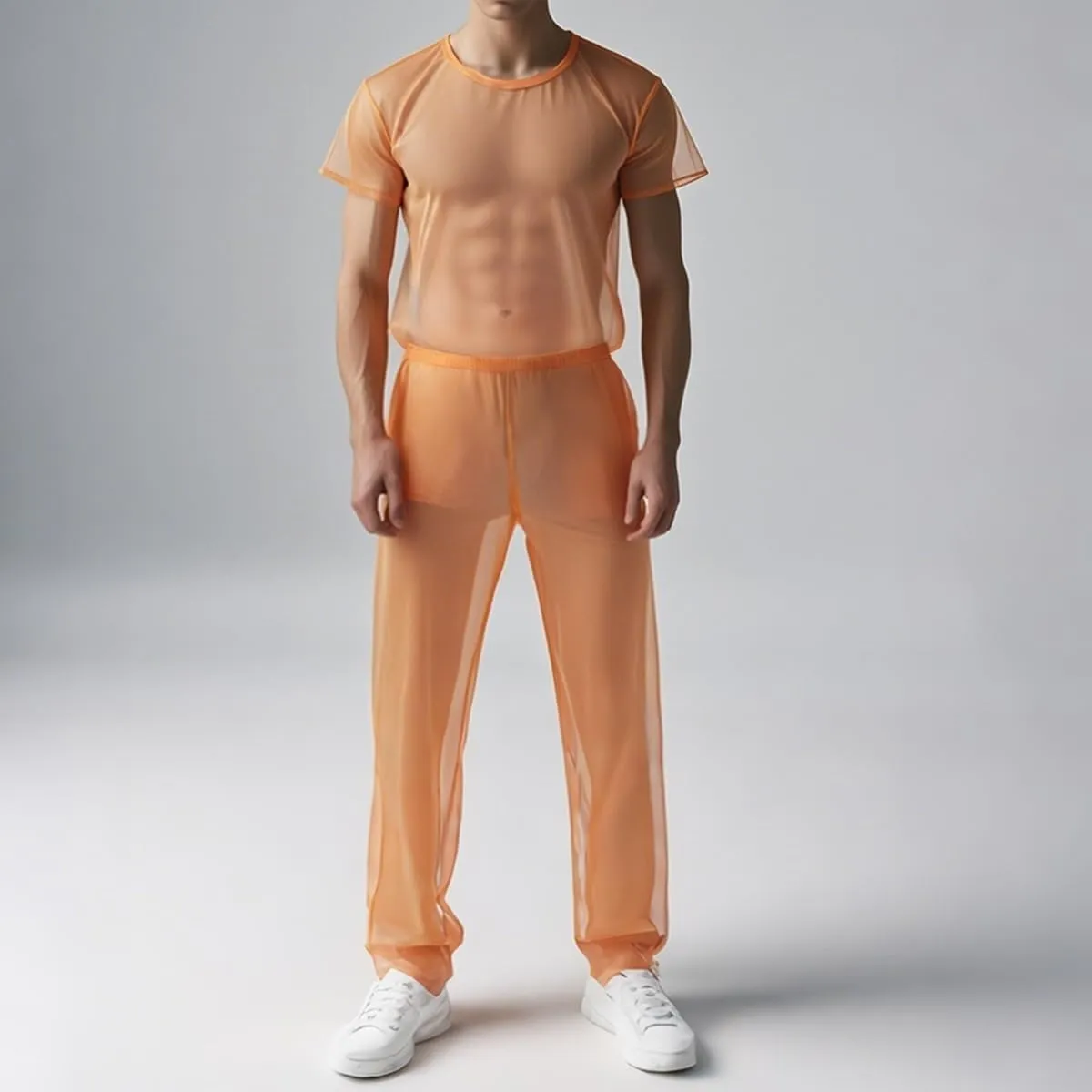 YINYOUYU Mens Mesh Shirt See Through Top Sexy Muscle Tee Lounge Short Sleeves Sheer Breathable T-Shirt Clubwear
