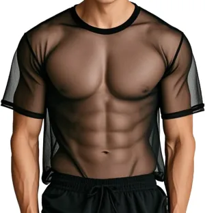 YINYOUYU Mens Mesh Shirt See Through Top Sexy Muscle Tee Lounge Short Sleeves Sheer Breathable T-Shirt Clubwear