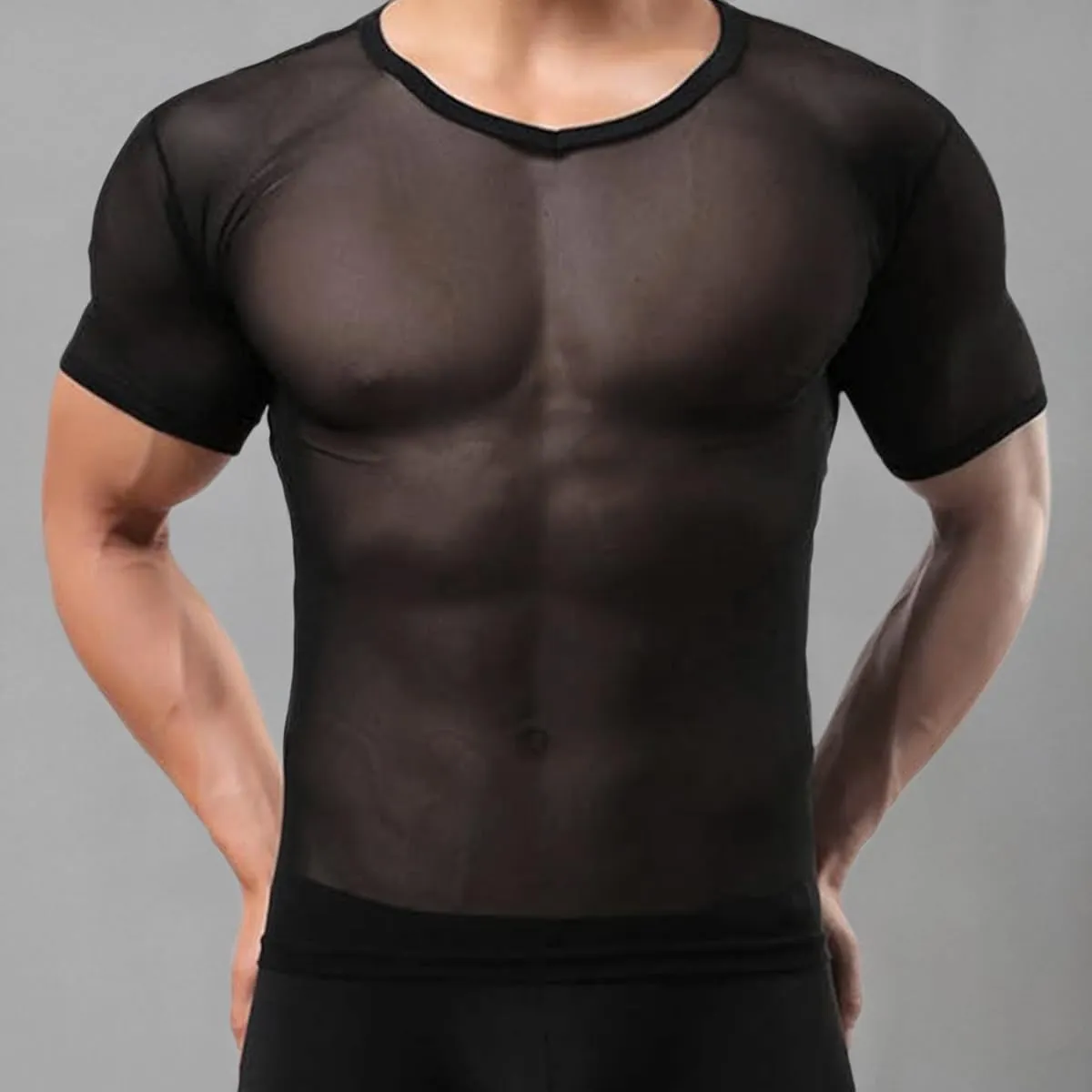 YINYOUYU Mens Mesh Shirt See Through Top Sexy Muscle Tee Lounge Short Sleeves Sheer Breathable T-Shirt Clubwear
