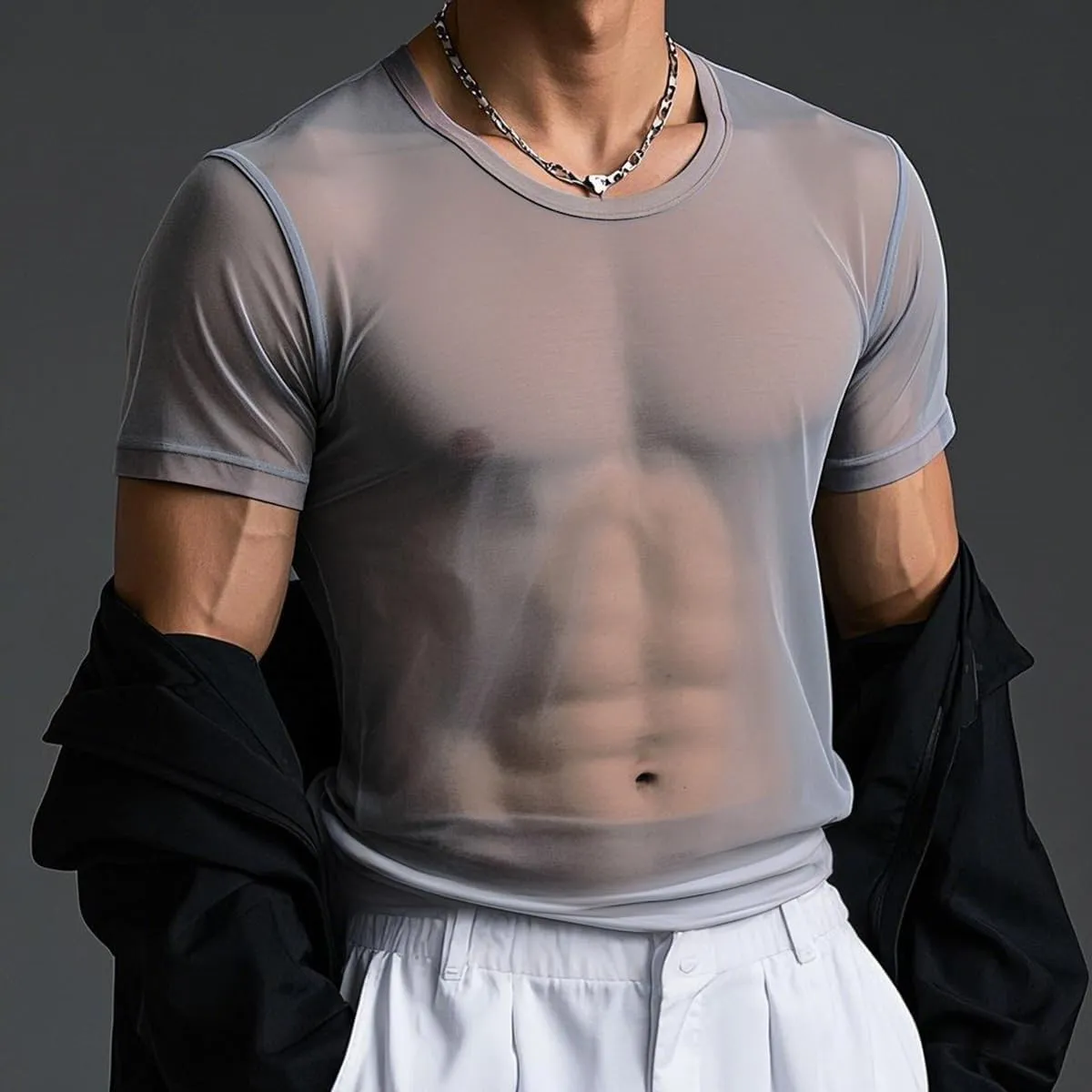 YINYOUYU Mens Mesh Shirt See Through Top Sexy Muscle Tee Lounge Short Sleeves Sheer Breathable T-Shirt Clubwear