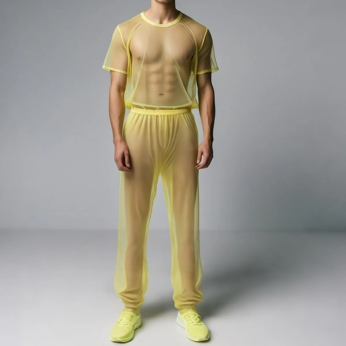 YINYOUYU Mens Mesh Shirt See Through Top Sexy Muscle Tee Lounge Short Sleeves Sheer Breathable T-Shirt Clubwear