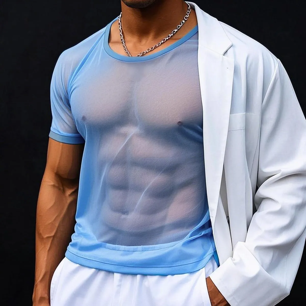YINYOUYU Mens Mesh Shirt See Through Top Sexy Muscle Tee Lounge Short Sleeves Sheer Breathable T-Shirt Clubwear