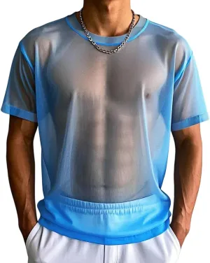 YINYOUYU Mens Mesh Shirt See Through Top Sexy Muscle Tee Lounge Short Sleeves Sheer Breathable T-Shirt Clubwear