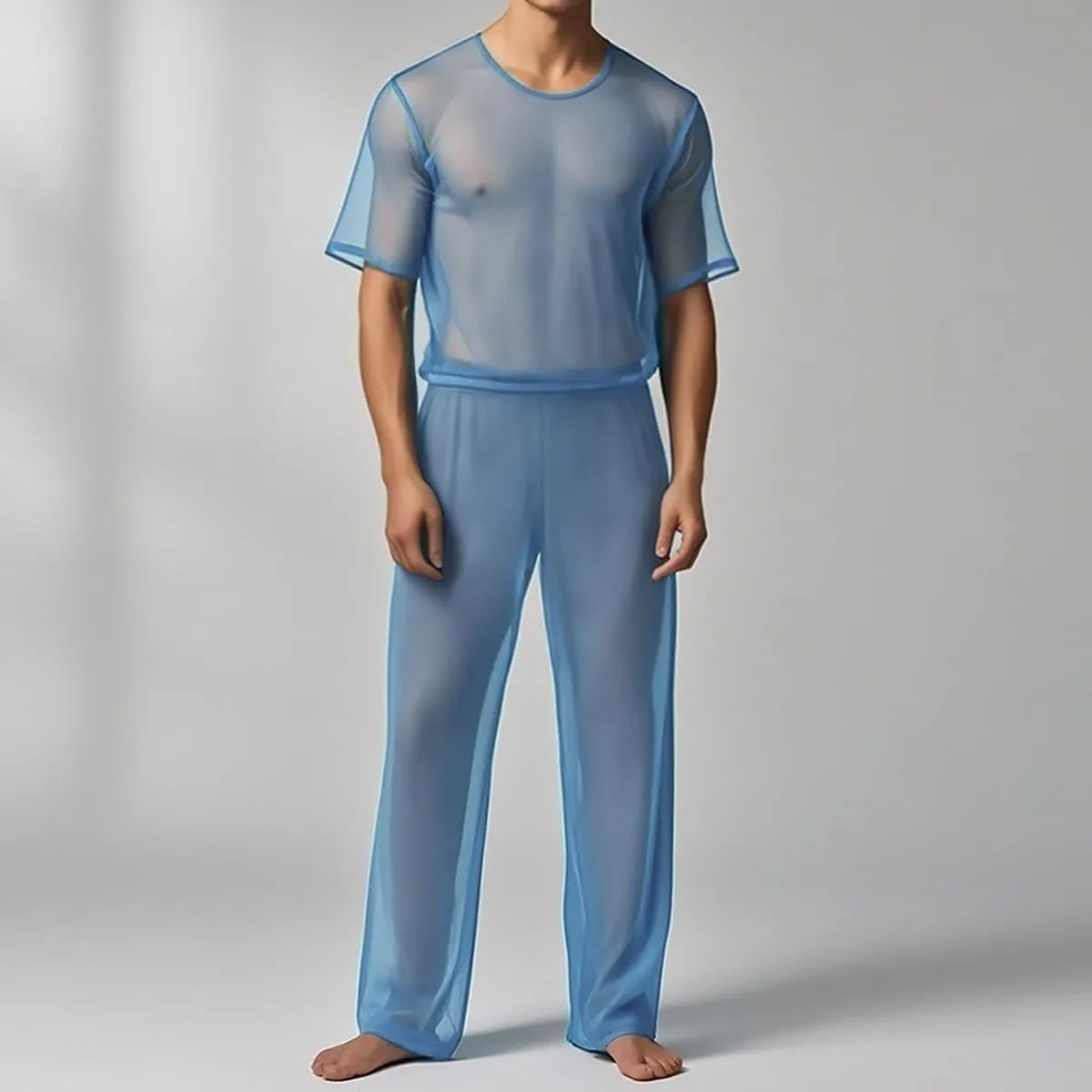 YINYOUYU Mens Mesh Shirt See Through Top Sexy Muscle Tee Lounge Short Sleeves Sheer Breathable T-Shirt Clubwear