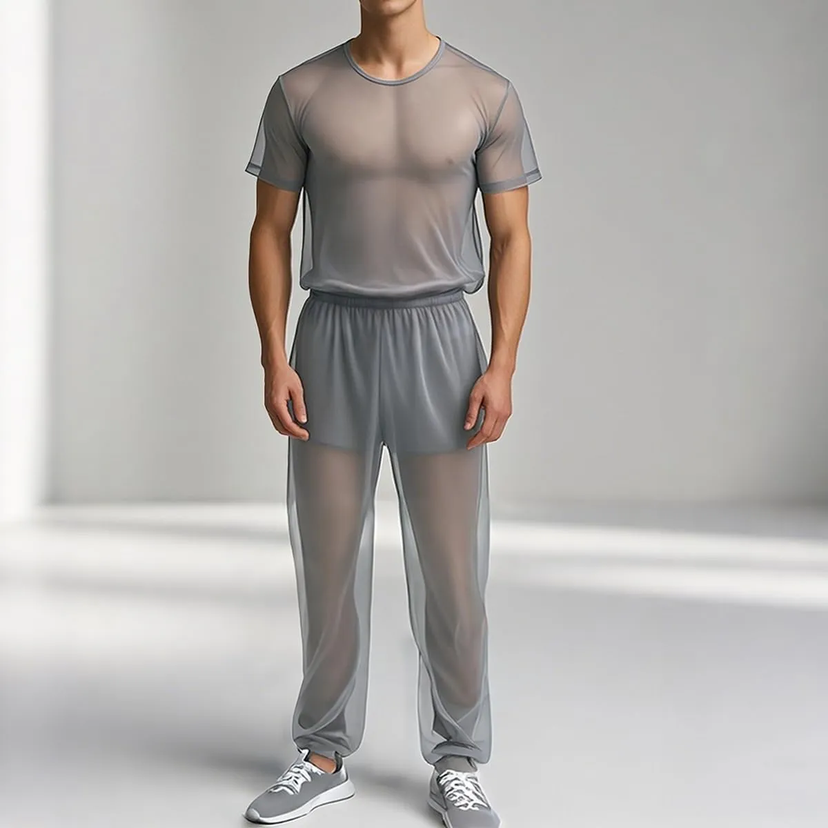 YINYOUYU Mens Mesh Shirt See Through Top Sexy Muscle Tee Lounge Short Sleeves Sheer Breathable T-Shirt Clubwear