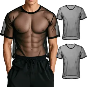 YINYOUYU Mens Mesh Shirt See Through Top Sexy Muscle Tee Lounge Short Sleeves Sheer Breathable T-Shirt Clubwear
