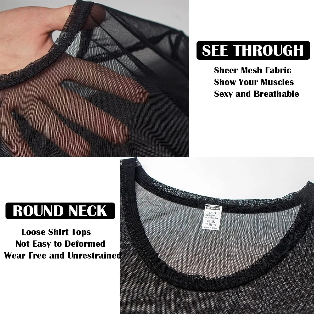 YINYOUYU Mens Mesh Shirt See Through Top Sexy Muscle Tee Lounge Short Sleeves Sheer Breathable T-Shirt Clubwear