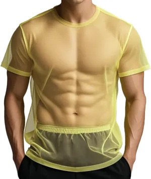 YINYOUYU Mens Mesh Shirt See Through Top Sexy Muscle Tee Lounge Short Sleeves Sheer Breathable T-Shirt Clubwear