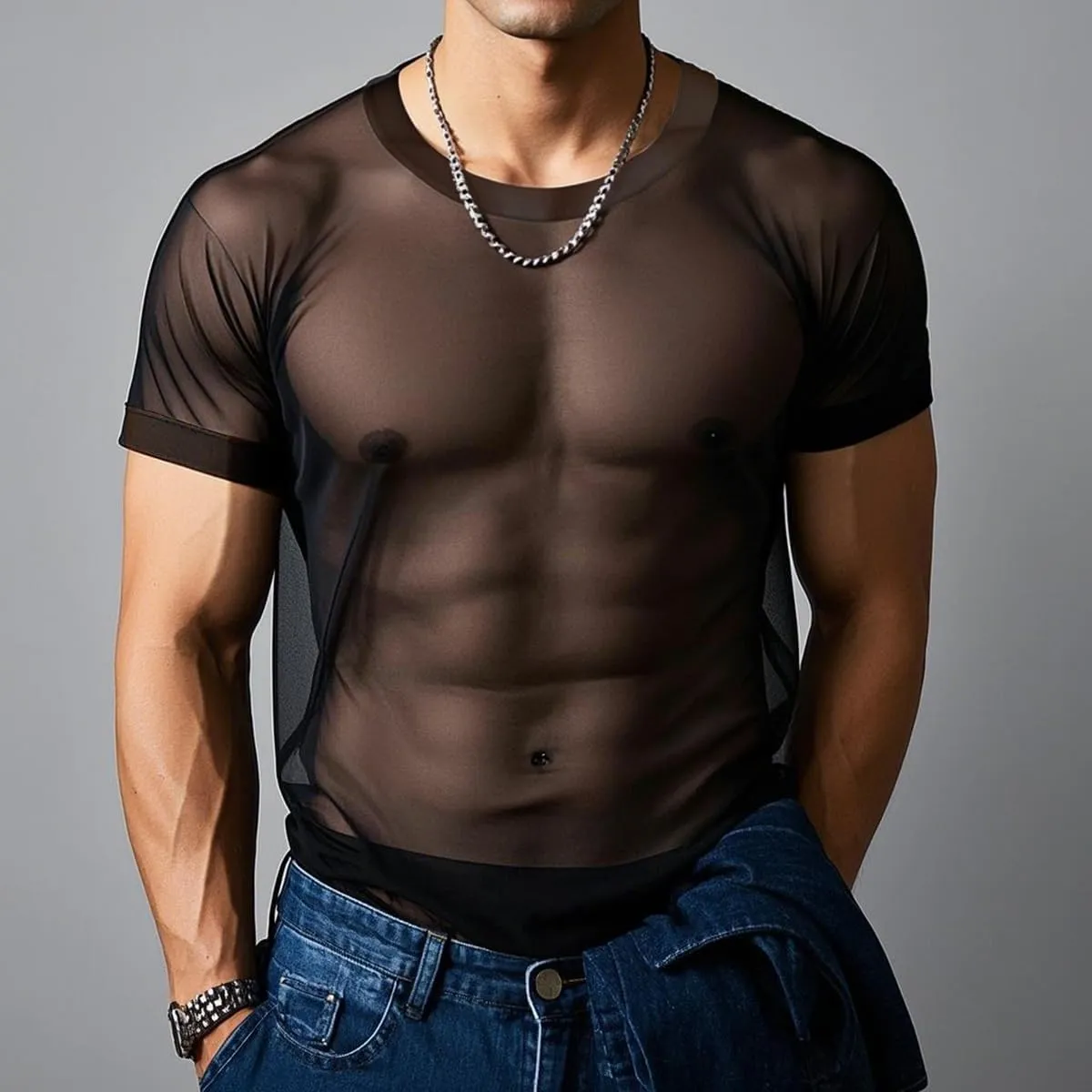 YINYOUYU Mens Mesh Shirt See Through Top Sexy Muscle Tee Lounge Short Sleeves Sheer Breathable T-Shirt Clubwear