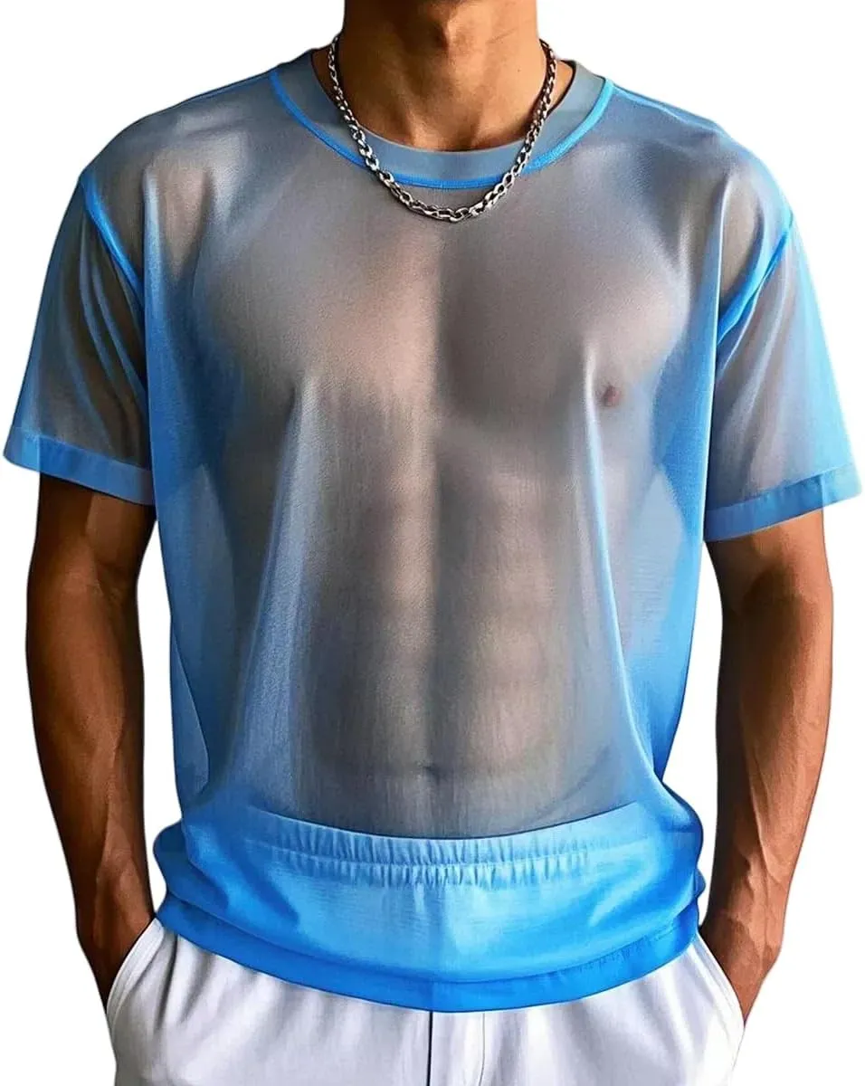 YINYOUYU Mens Mesh Shirt See Through Top Sexy Muscle Tee Lounge Short Sleeves Sheer Breathable T-Shirt Clubwear