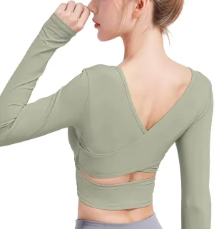 Yoga Tops For Women, V-Back Hollow Design, Soft Nylon Spandex, Long Sleeve, Breathable, Workout Undershirt, Xxl