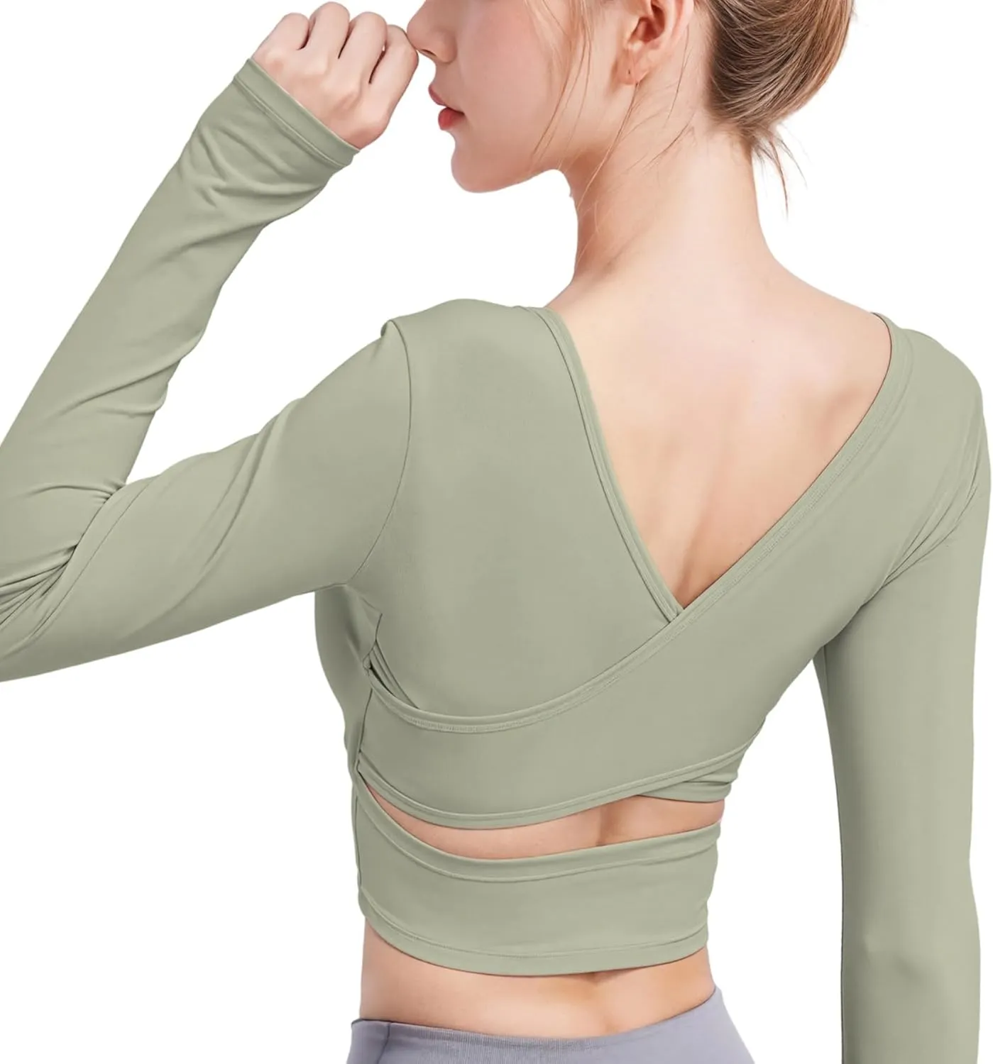 Yoga Tops For Women, V-Back Hollow Design, Soft Nylon Spandex, Long Sleeve, Breathable, Workout Undershirt, Xxl