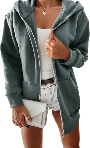 Yousify Women Casual Full Zip Up Plush Hoodie Comfy Loose Solid Sweatshirt Long Sleeve Jacket with Pockets
