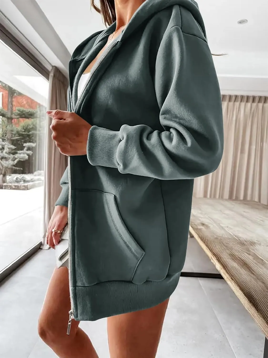 Yousify Women Casual Full Zip Up Plush Hoodie Comfy Loose Solid Sweatshirt Long Sleeve Jacket with Pockets