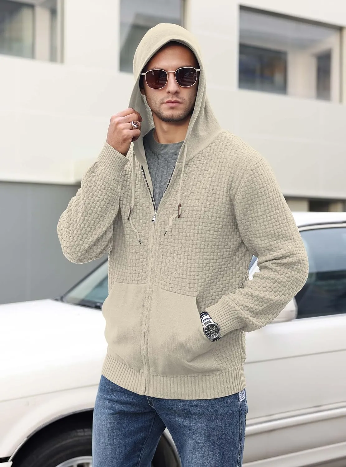Zaitun Men's Full Zip Up Hooded Cardigan Sweater with Pockets