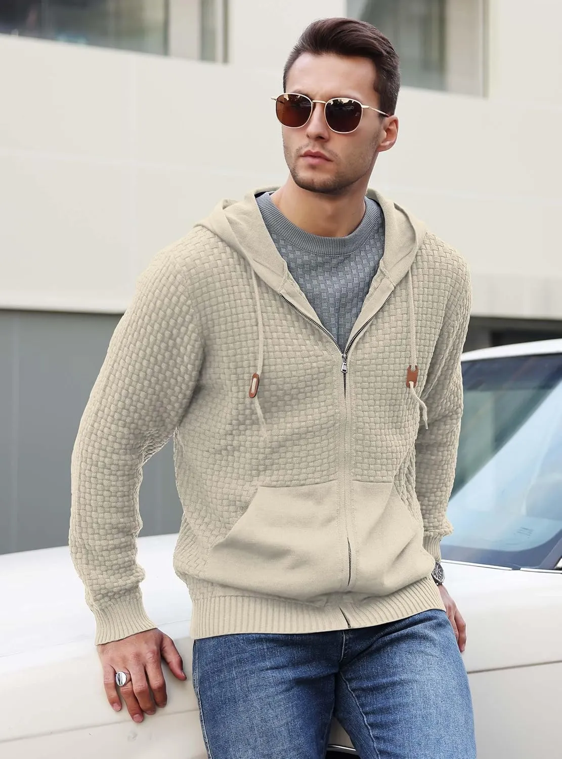 Zaitun Men's Full Zip Up Hooded Cardigan Sweater with Pockets
