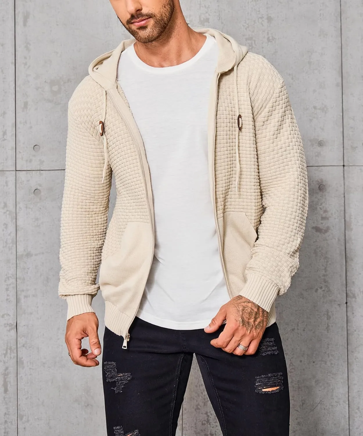 Zaitun Men's Full Zip Up Hooded Cardigan Sweater with Pockets