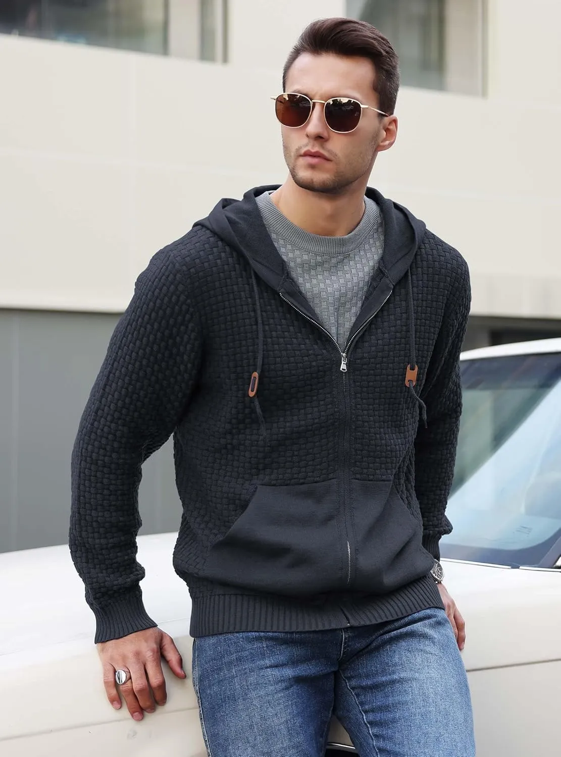 Zaitun Men's Full Zip Up Hooded Cardigan Sweater with Pockets