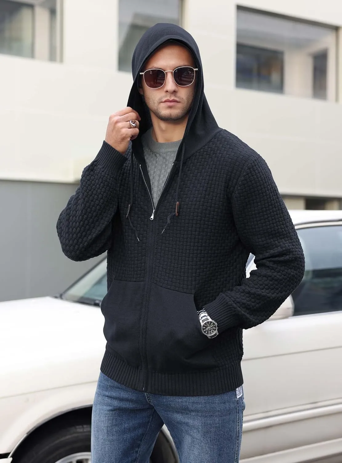 Zaitun Men's Full Zip Up Hooded Cardigan Sweater with Pockets